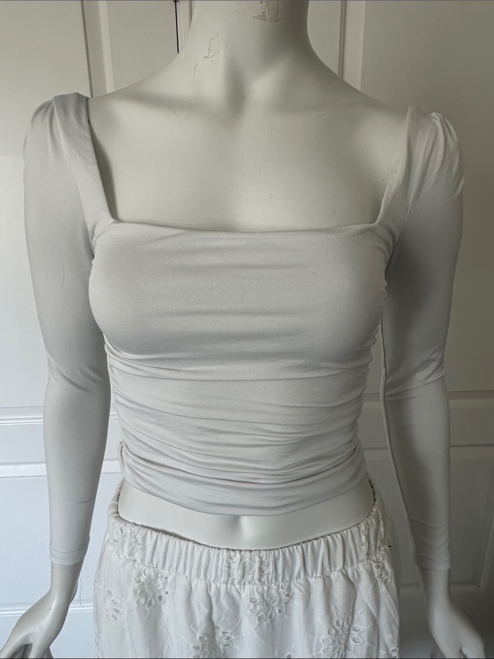 Women's White Square-Neck Long Sleeve Ruched Top